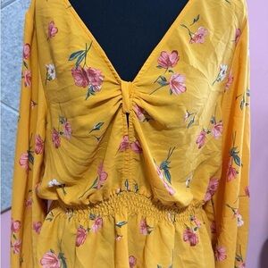 Divided Mustard Yellow Floral V-Neck top with Pink Blooms
